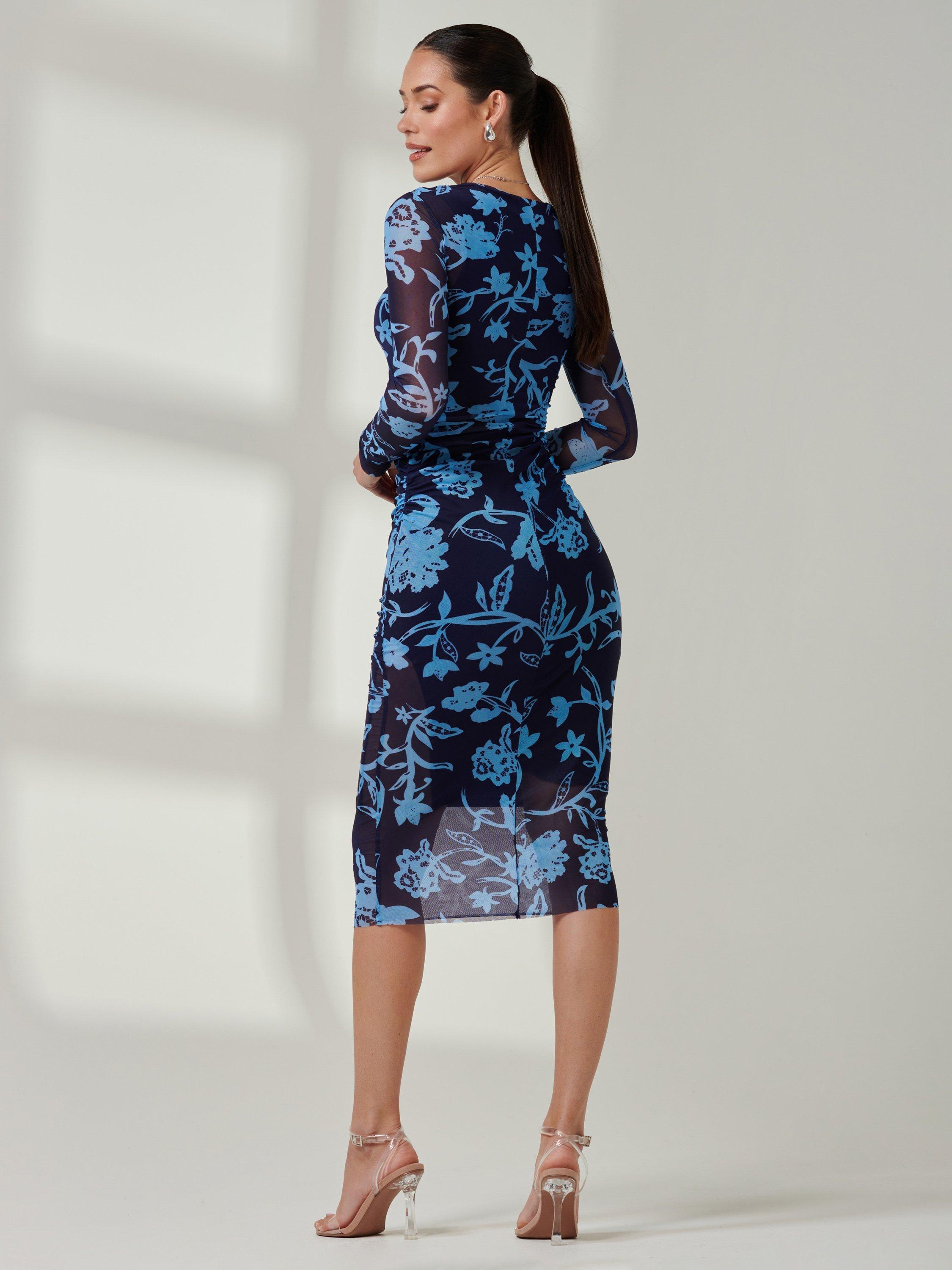 Product image 2 of 6, which shows Jolie Moi Ruched Sheath Mesh Dress, Navy, 8