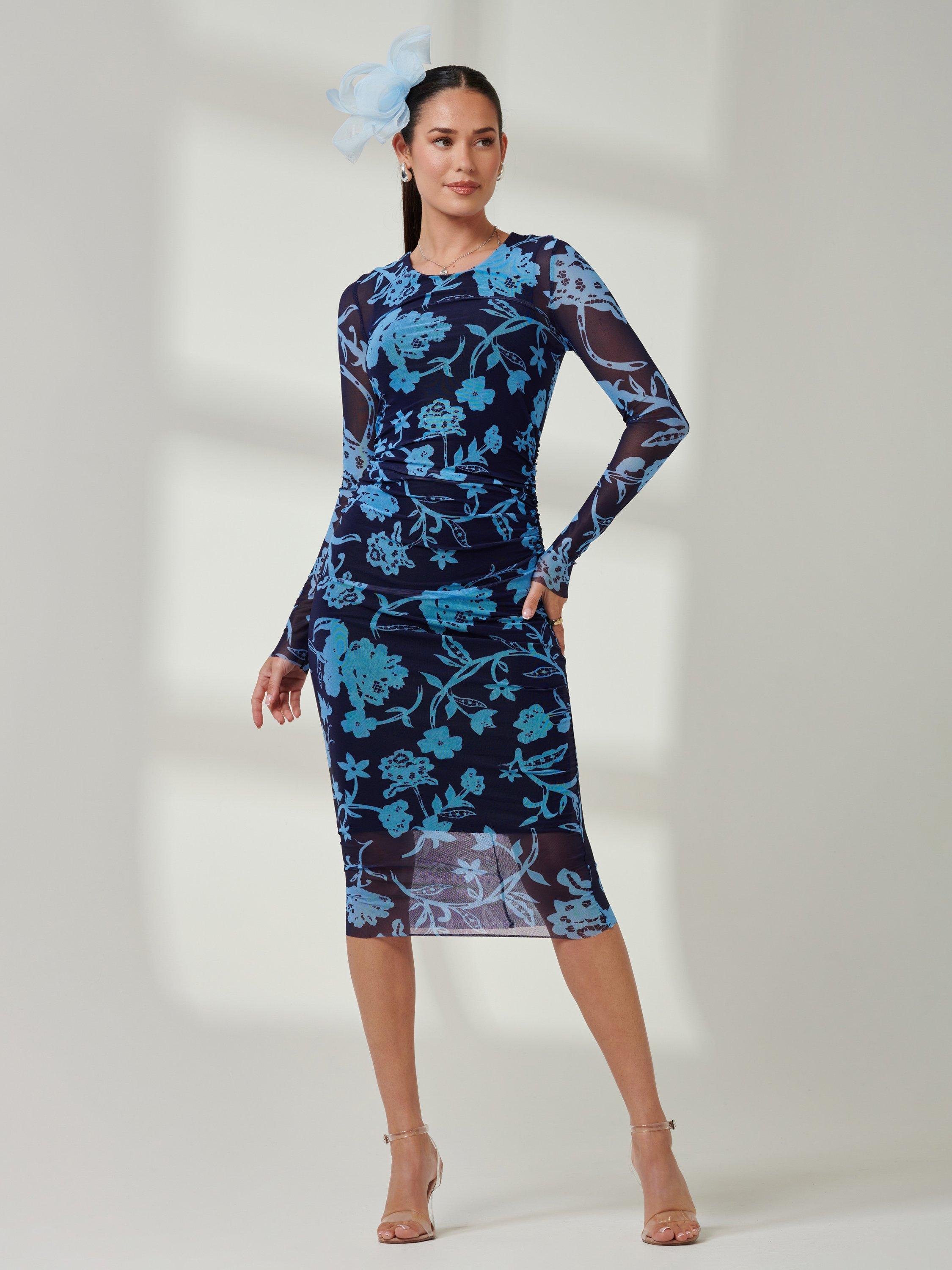 Product image 6 of 6, which shows Jolie Moi Ruched Sheath Mesh Dress, Navy, 8