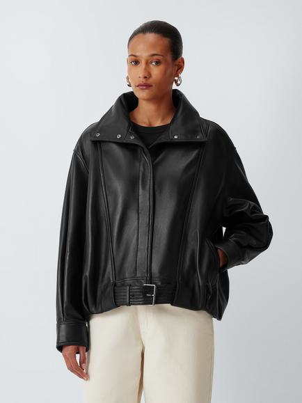 John Lewis Leather Bomber Jacket, Black - view 2, Black