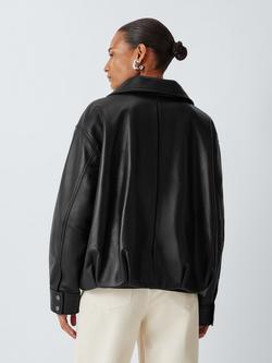 John Lewis Leather Bomber Jacket, Black - view 2, Black