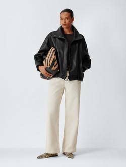 John Lewis Leather Bomber Jacket, Black, Black