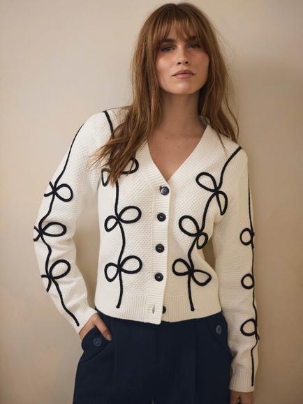 Mint Velvet Bow Detail Cardigan, White Ivory, White Ivory