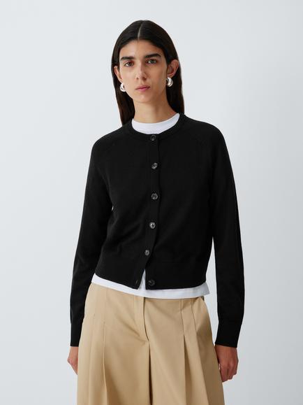 John Lewis Merino Wool Crew Neck Cardigan, Black, Black