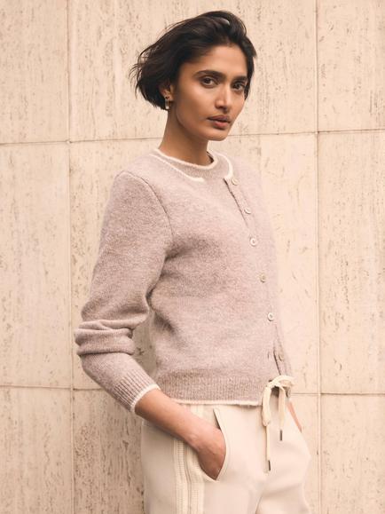 Mint Velvet Crew Neck Layered Cardigan, Natural - view 2, Natural
