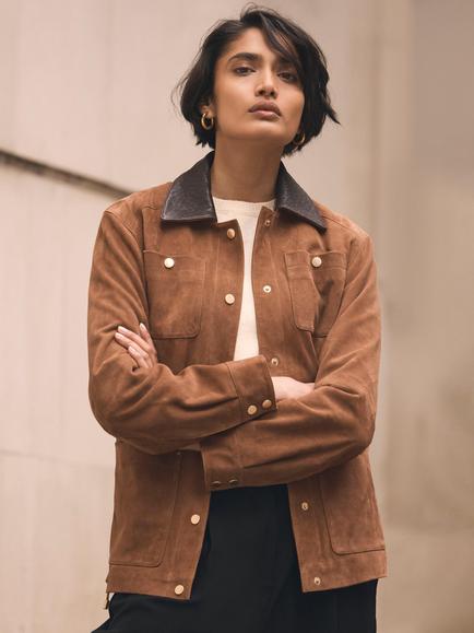 Mint Velvet Pure Suede Barn Jacket, Brown Tan - view 2, Brown Tan