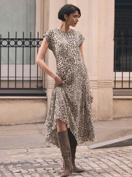 Mint Velvet Leopard Print Cap Sleeve Midi Dress, Brown Camel, Brown Camel