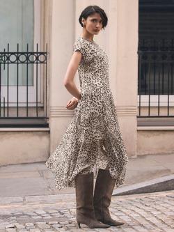 Mint Velvet Leopard Print Cap Sleeve Midi Dress, Brown Camel - view 2, Brown Camel