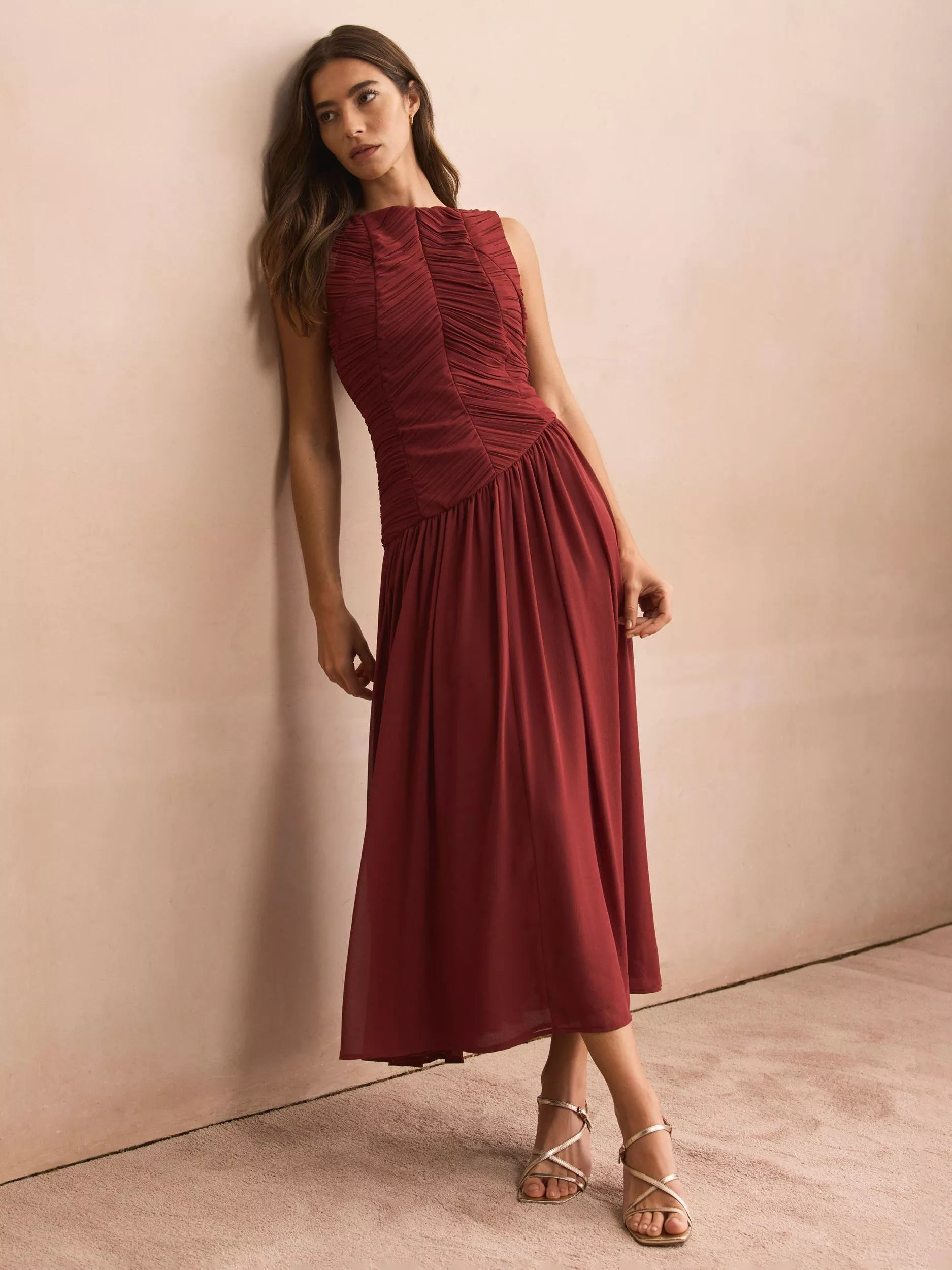 strapless open back dress Red Rose Print Midi Dress – Mint Velvet main image 0