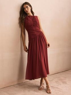 Mint Velvet Ruched Detail Midi Dress, Red Burgundy, Red Burgundy