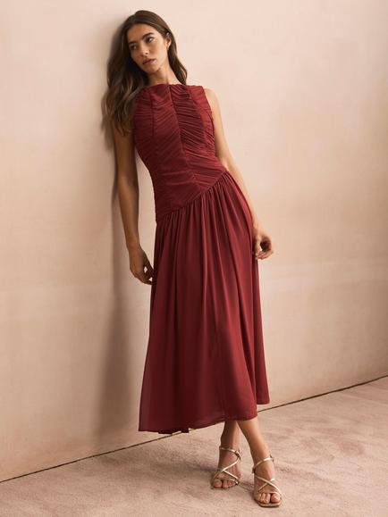 Mint Velvet Ruched Detail Midi Dress, Red Burgundy, Red Burgundy