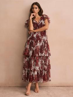 Mint Velvet Floral Tulle Tiered Midi Dress, Red/Multi - view 2, Red/Multi