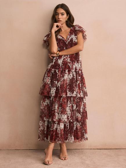 Mint Velvet Floral Tulle Tiered Midi Dress, Red/Multi - view 2, Red/Multi