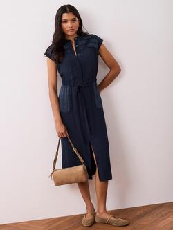 Mint Velvet Satin Detail Utility Shirt Midi Dress, Blue Navy, Blue Navy