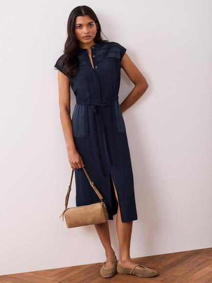 Mint Velvet Satin Detail Utility Shirt Midi Dress, Blue Navy, Blue Navy