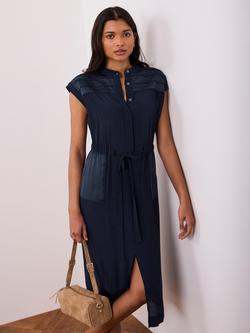 Mint Velvet Satin Detail Utility Shirt Midi Dress, Blue Navy - view 2, Blue Navy
