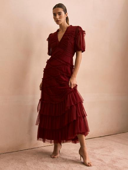 Mint Velvet Tulle Ruffle Maxi Dress, Red Burgundy, Red Burgundy