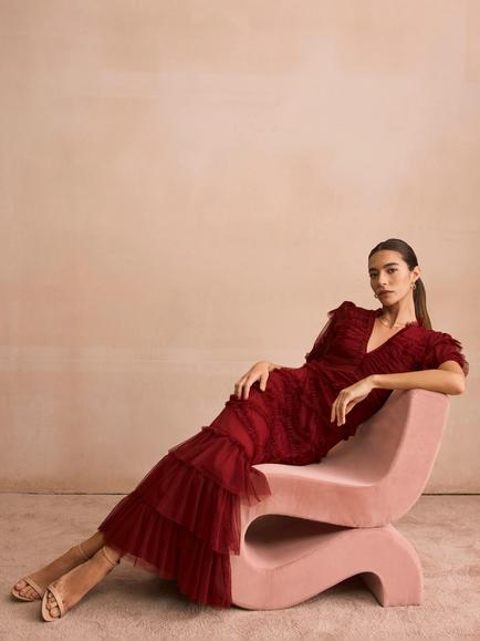 Mint Velvet Tulle Ruffle Maxi Dress, Red Burgundy - view 2, Red Burgundy