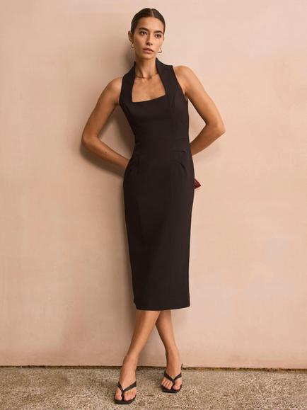 Mint Velvet Square Neck Fitted Midi Dress, Black, Black