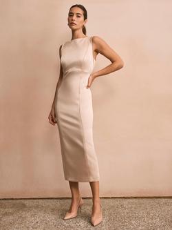 Mint Velvet Open Back Satin Shift Midi Dress, Gold, Gold