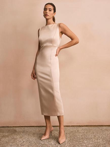 Mint Velvet Open Back Satin Shift Midi Dress, Gold, Gold