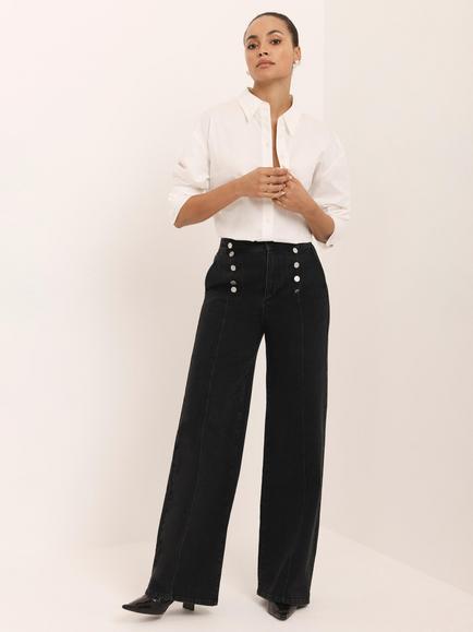 Mint Velvet Button Detail Wide Leg Jeans, Black