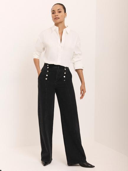 Mint Velvet Button Detail Wide Leg Jeans - view 2, Black