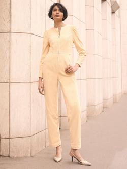 Mint Velvet Zip Front Corduroy Jumpsuit, Yellow/Multi, Yellow/Multi