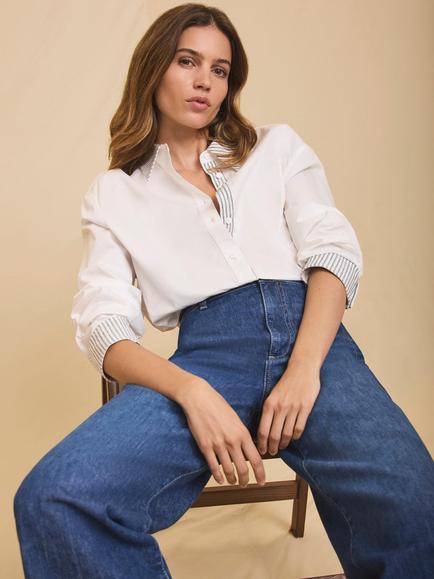 Mint Velvet Stripe Detail Cropped Shirt, White Ivory, White Ivory