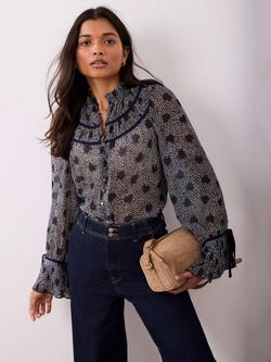 Mint Velvet Heart Print Chiffon Blouse, Blue Navy, Blue Navy