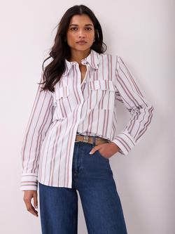 Mint Velvet Stripe Scallop Detail Shirt, Brown/Multi, Brown/Multi