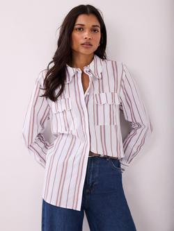 Mint Velvet Stripe Scallop Detail Shirt, Brown/Multi - view 2, Brown/Multi