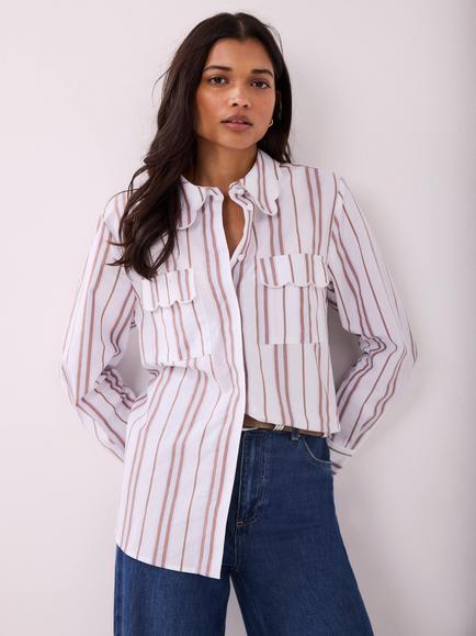 Mint Velvet Stripe Scallop Detail Shirt, Brown/Multi - view 2, Brown/Multi