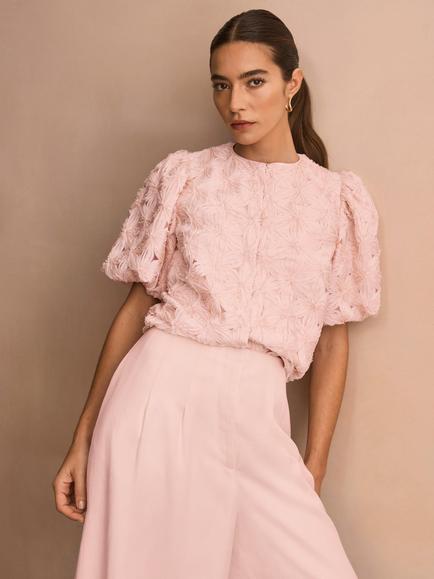 Mint Velvet Textured Puff Sleeve Blouse, Light Pink, Light Pink