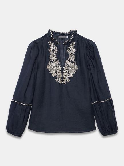 Mint Velvet Embroidered Detail Long Sleeve Blouse, Navy/Multi, Navy/Multi