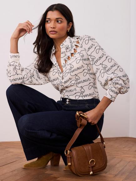 Mint Velvet Amour Print Bow Neck Shirt, Natural Cream, Natural Cream