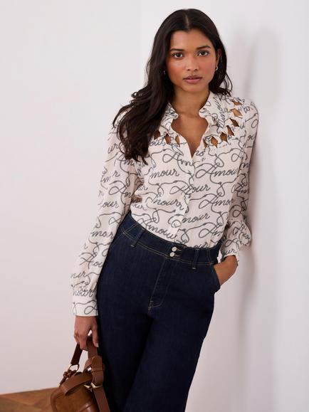 Mint Velvet Amour Print Bow Neck Shirt, Natural Cream - view 2, Natural Cream