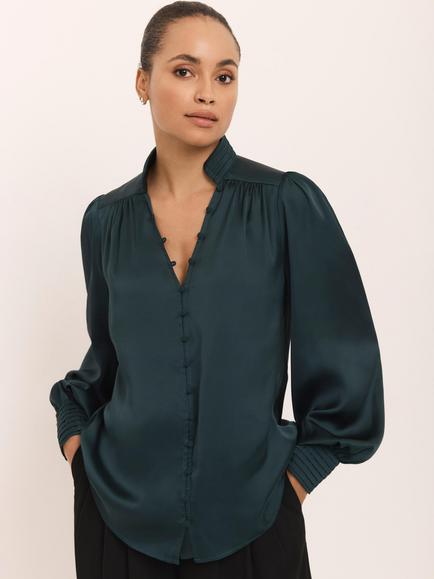 Mint Velvet Satin Long Sleeve Blouse, Green, Green