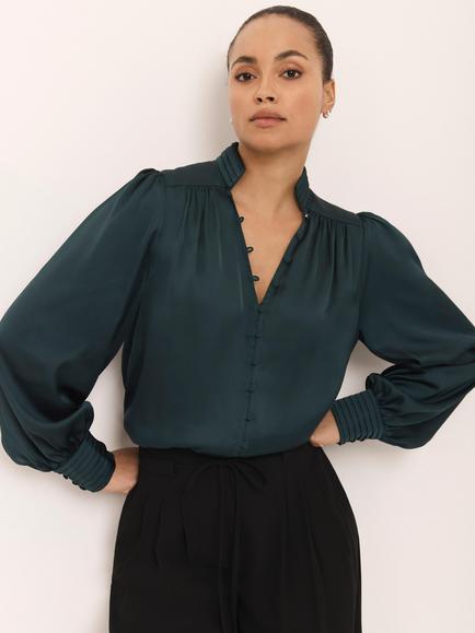 Mint Velvet Satin Long Sleeve Blouse, Green - view 2, Green