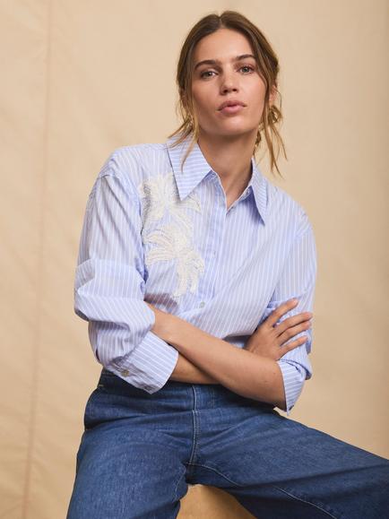 Mint Velvet Stripe Embroidered Shirt, Blue/Multi, Blue/Multi