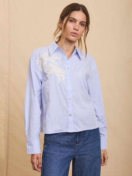Mint Velvet Stripe Embroidered Shirt, Blue/Multi - view 2, Blue/Multi