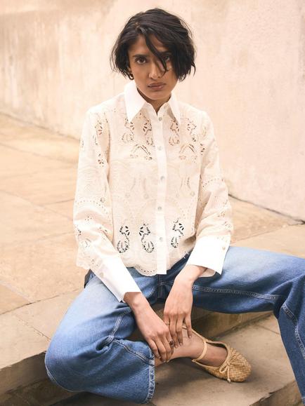 Mint Velvet Crochet Cropped Shirt, White Ivory, White Ivory