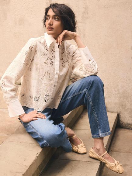 Mint Velvet Crochet Cropped Shirt, White Ivory - view 2, White Ivory
