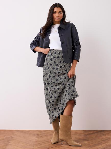 Mint Velvet Heart Print Midi Skirt, Navy/Multi - view 2, Navy/Multi