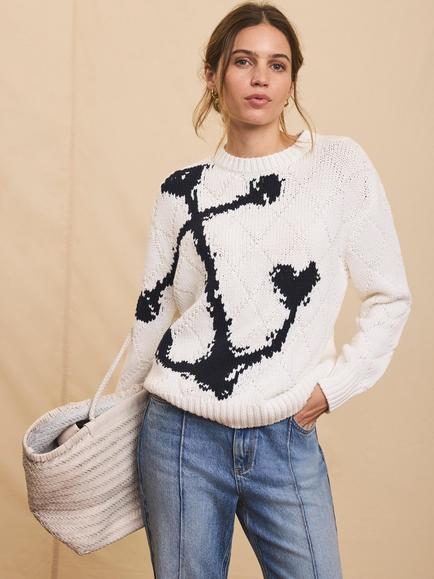 Mint Velvet Crew Neck Anchor Jumper, White Ivory, White Ivory
