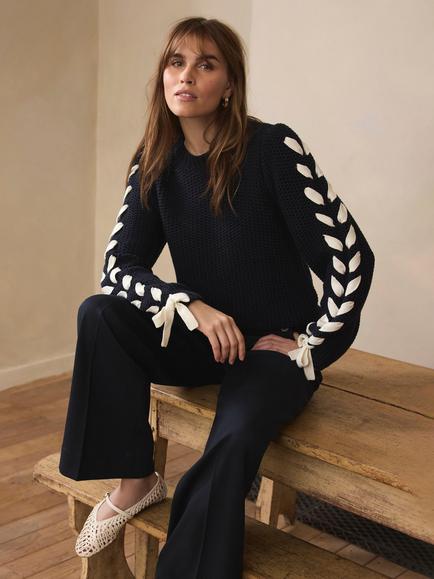 Mint Velvet Chunky Knit Ribbon Detail Jumper, Blue Navy, Blue Navy