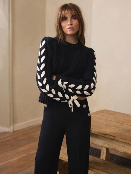 Mint Velvet Chunky Knit Ribbon Detail Jumper, Blue Navy - view 2, Blue Navy