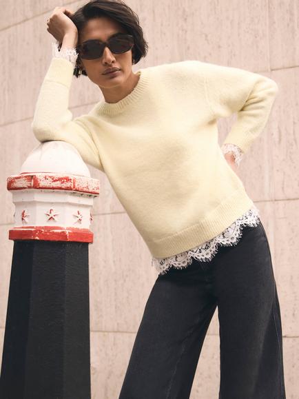 Mint Velvet Scallop Lace Hem Jumper, Yellow, Yellow