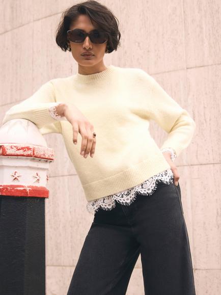 Mint Velvet Scallop Lace Hem Jumper, Yellow - view 2, Yellow
