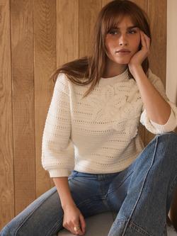 Mint Velvet Floral Detail Open Stitch Jumper, White Ivory, White Ivory