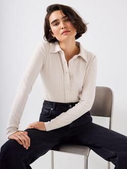 Mint Velvet Whipstitch Ribbed Polo Top, Natural Stone, Natural Stone